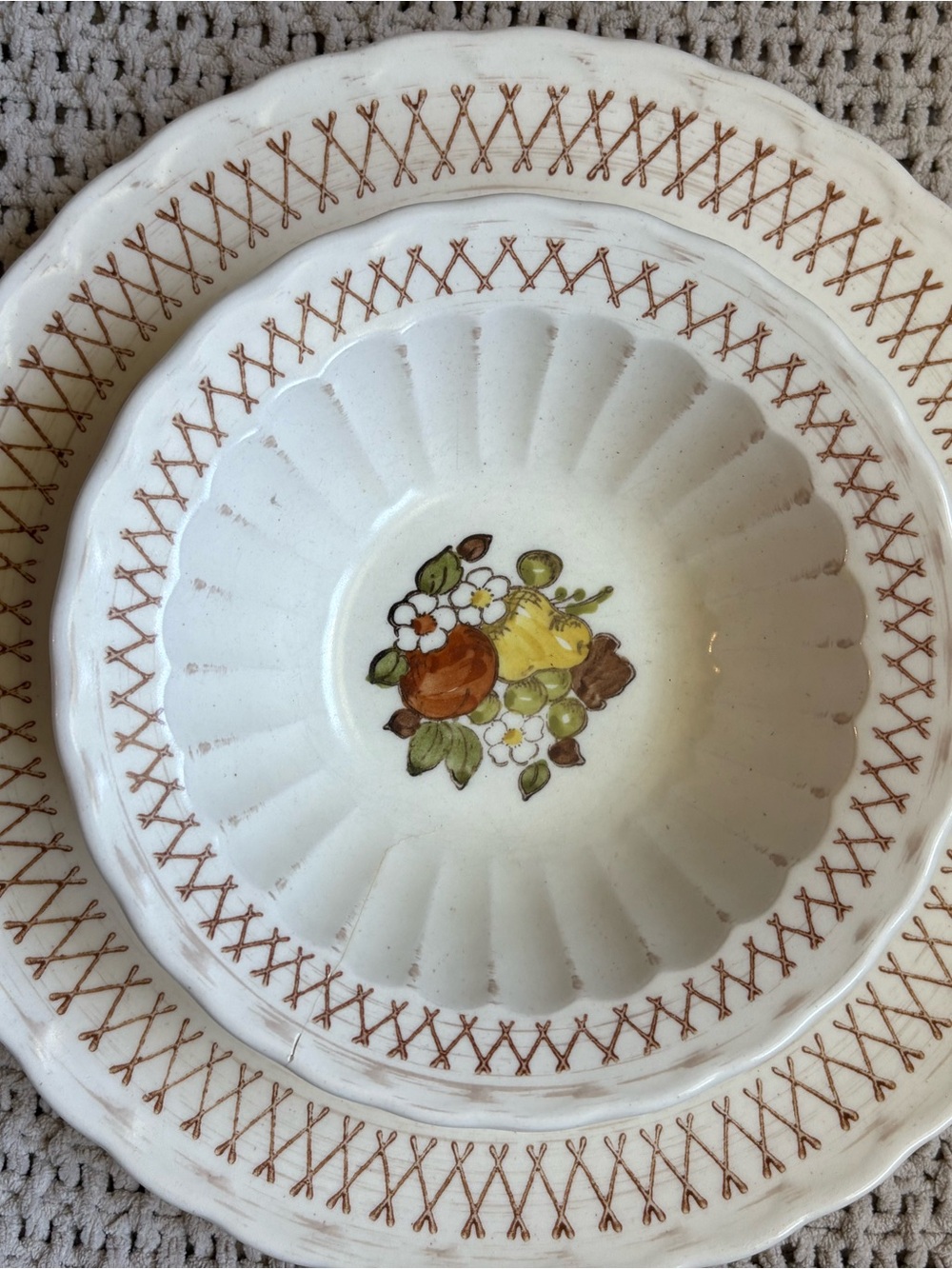 Two Piece Set of Vintage Plate and Bowl With Fruit Design